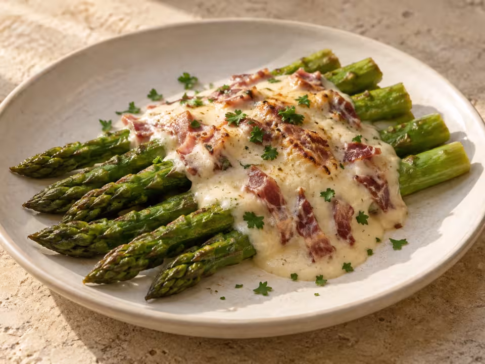 Green asparagus gratin with ham b&eacute;chamel, finished dish