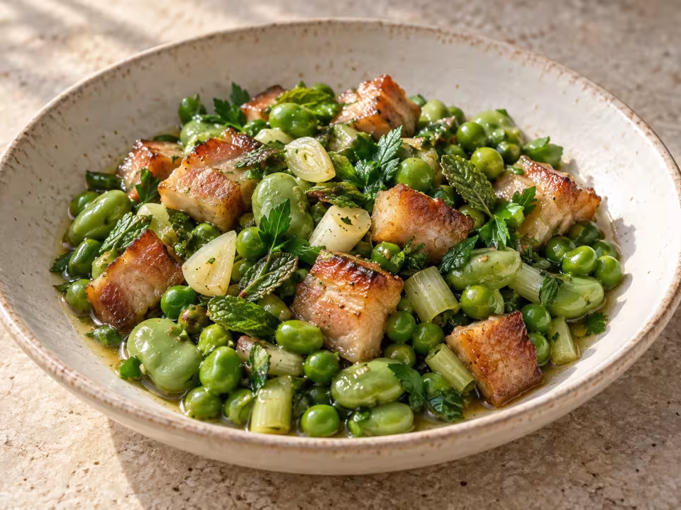 Habitas con guisantes, panceta y menta, plato terminado