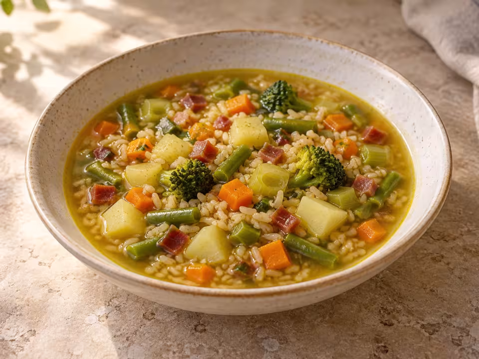 Sopa de arroz integral con verduras y jam&oacute;n, plato terminado