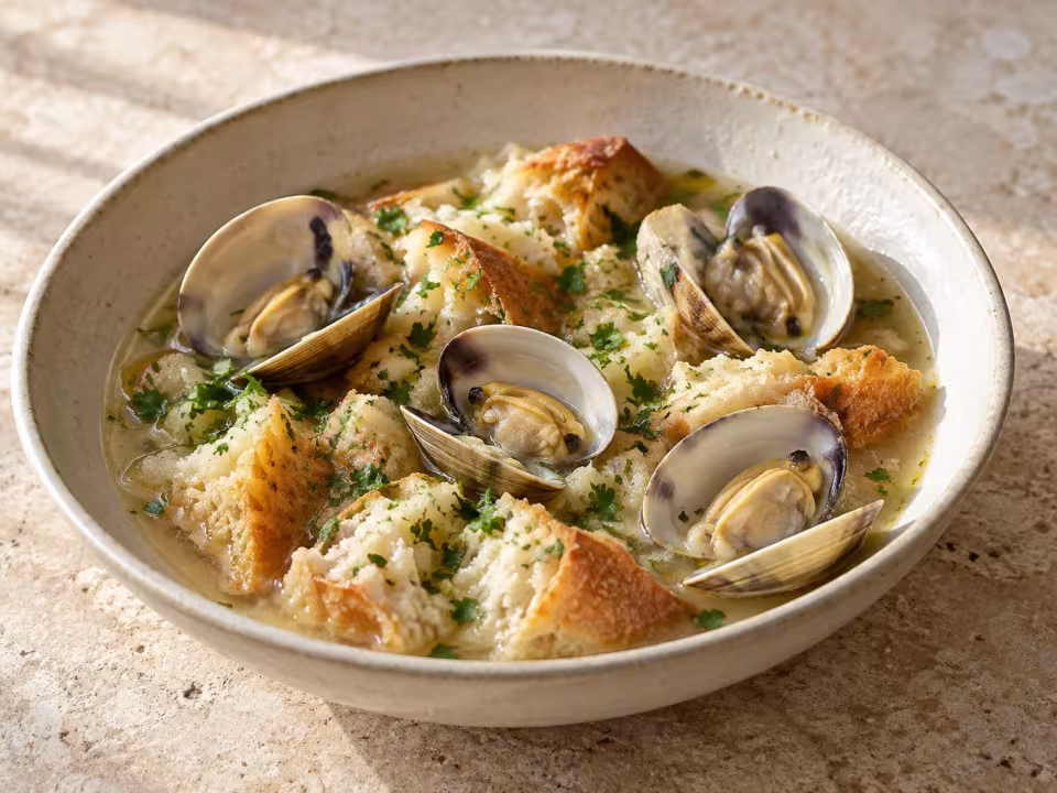 Rustic bread and clam soup, finished dish