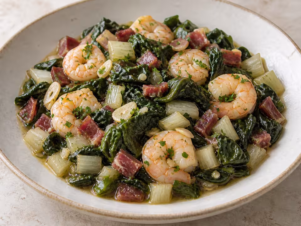 Swiss chard with prawns and serrano ham, finished dish