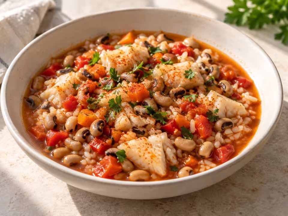 Black-eyed beans with rice and cod, finished dish