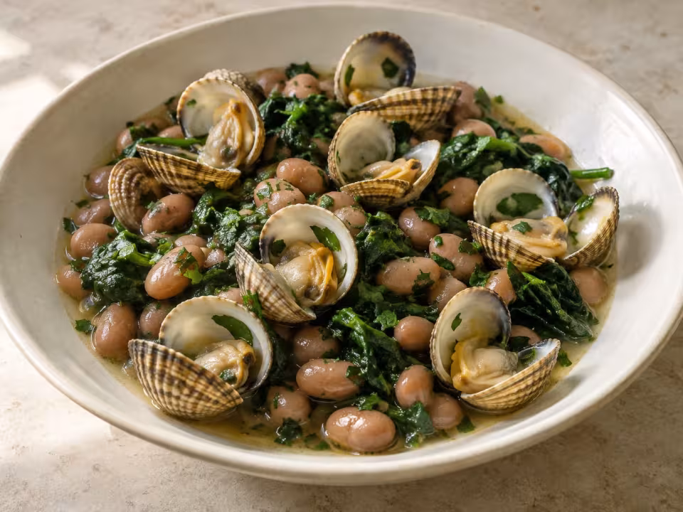 Pinto beans with spinach and cockles, finished dish