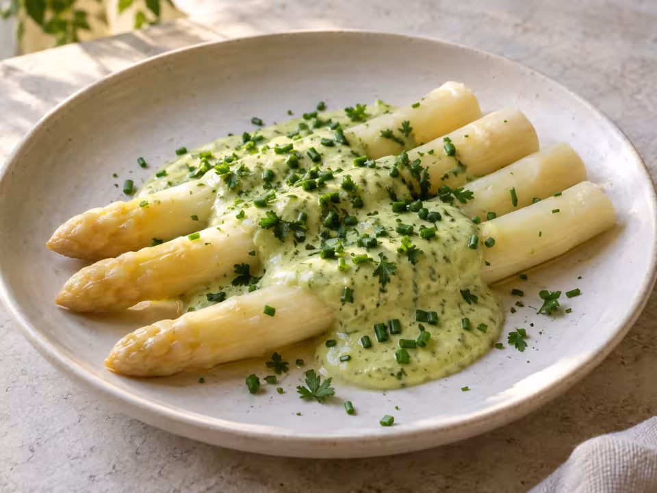 White asparagus parcels with avocado sauce, finished dish