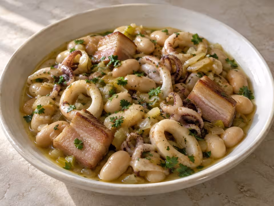 White beans with pork fatback and squid, finished dish