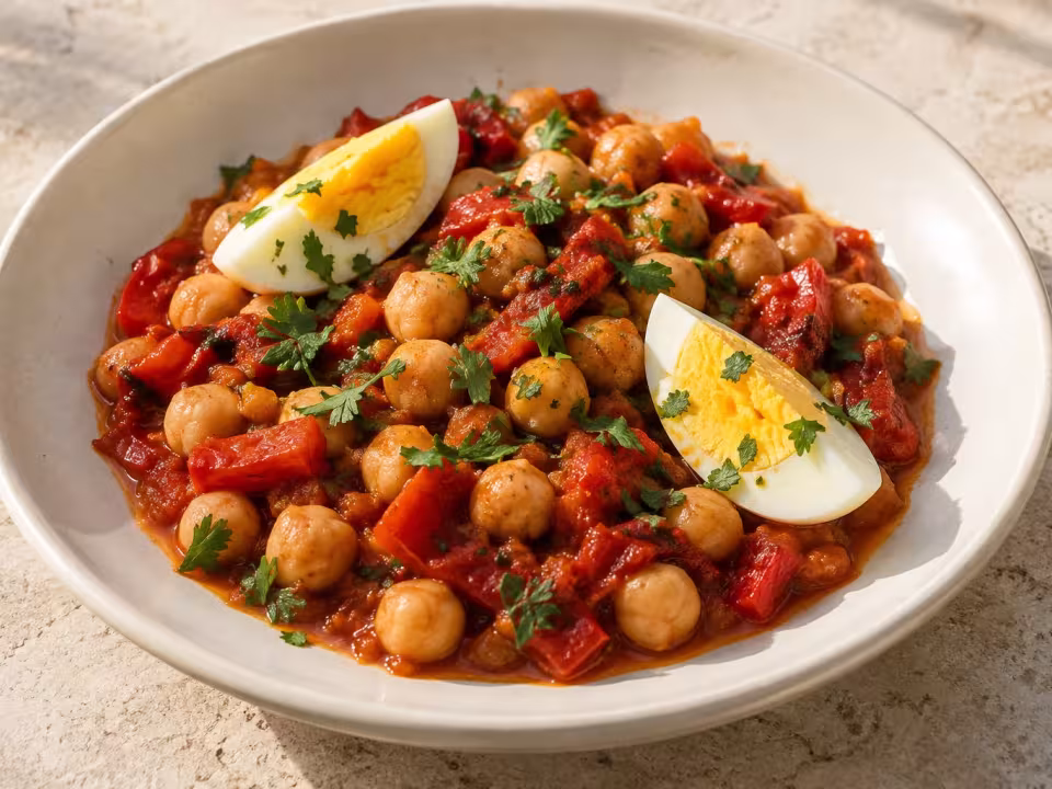 Chickpeas with roasted peppers, tomato and egg, finished dish