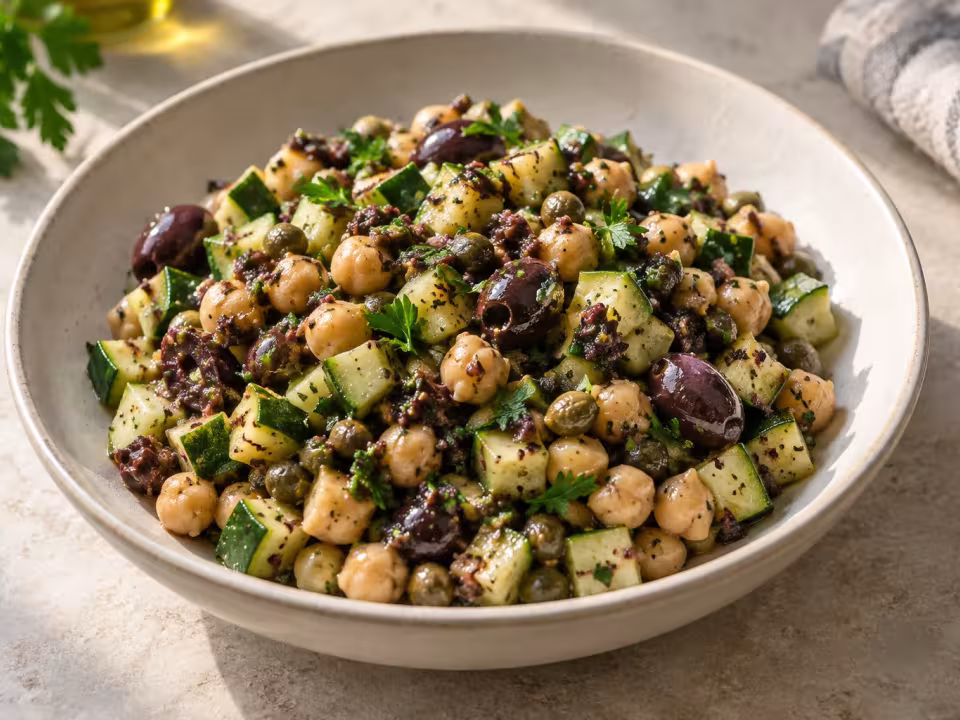 Chickpeas with courgette and homemade tapenade, finished dish