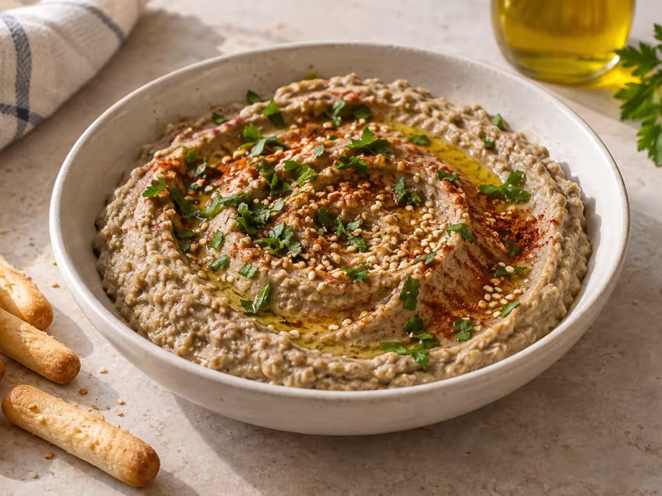 Hummus de lentejas y berenjena asada, plato terminado