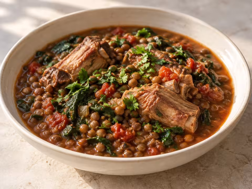 Lentils with pork ribs and spinach, finished dish