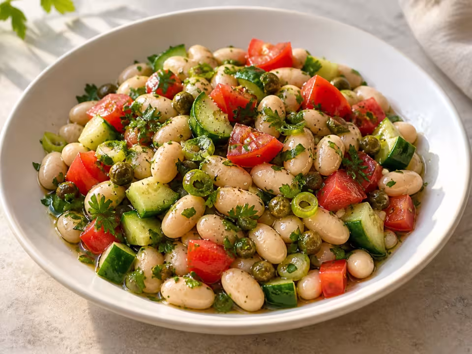 Fresh white beans with cucumber, tomato and capers, finished dish