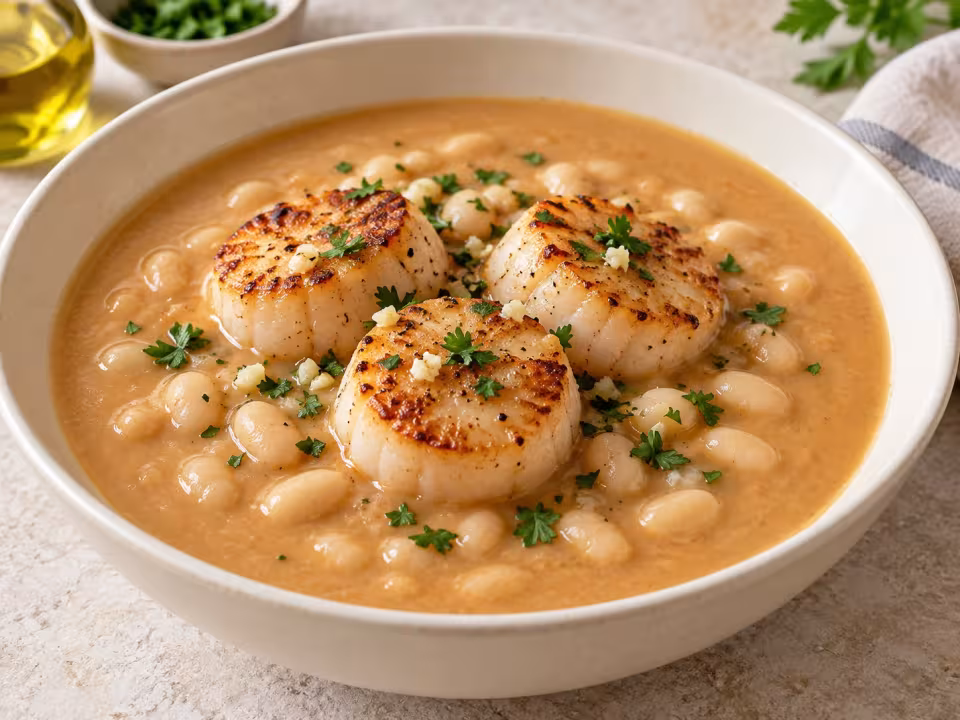 Fresh white beans with seared scallops, finished dish