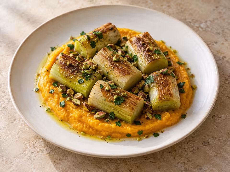 Golden leeks with pumpkin pur&eacute;e and pistachios, finished dish