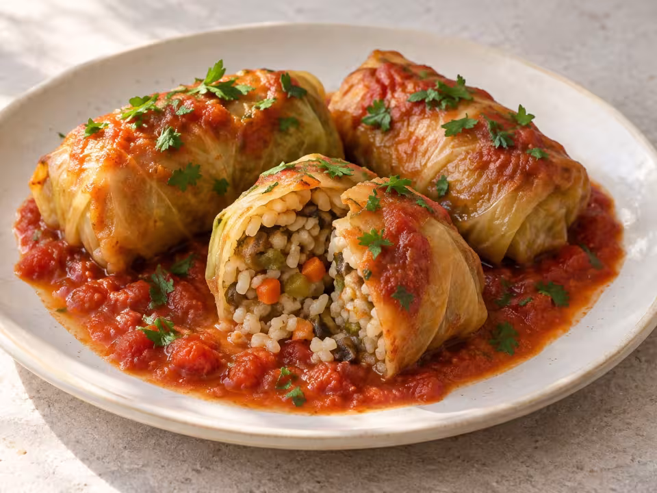 Rollitos de repollo rellenos de arroz y verduras, plato terminado