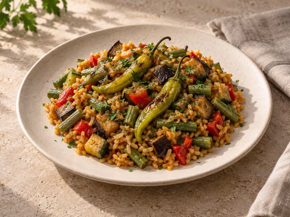 Arroz al horno con verduras y piparras frescas, plato terminado