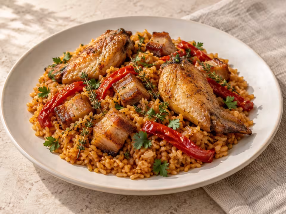 Thyme rice with pork belly, chicken wings and roasted peppers, finished dish