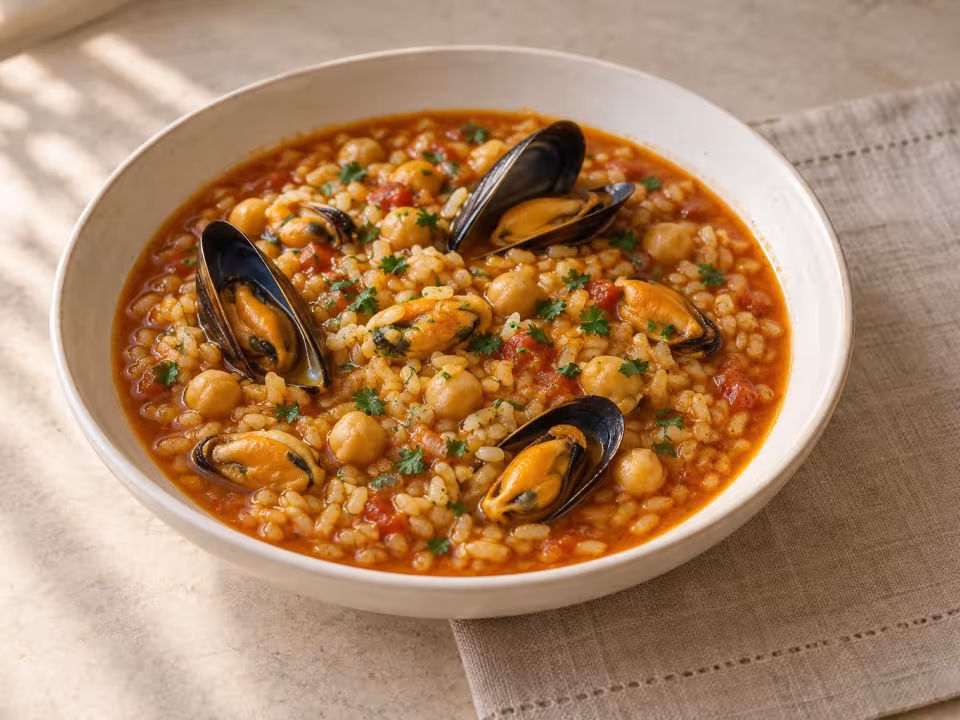 Brothy rice with chickpeas and mussels, finished dish