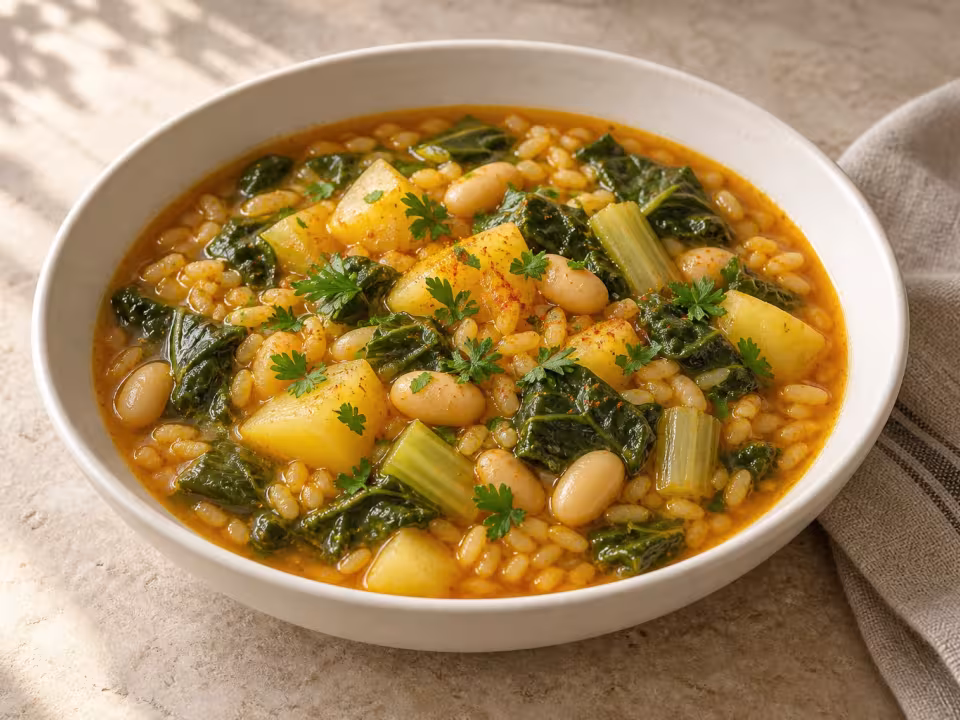 Arroz con acelgas, patatas y alubias blancas, plato terminado