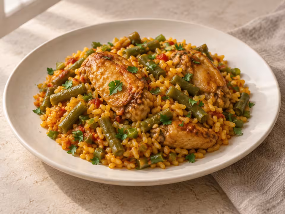 Arroz con alitas de pollo y jud&iacute;as verdes, plato terminado