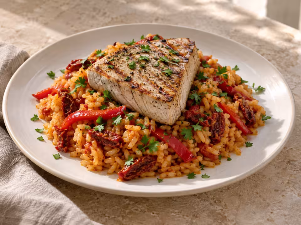 Rice with roasted peppers and griddled albacore tuna, finished dish