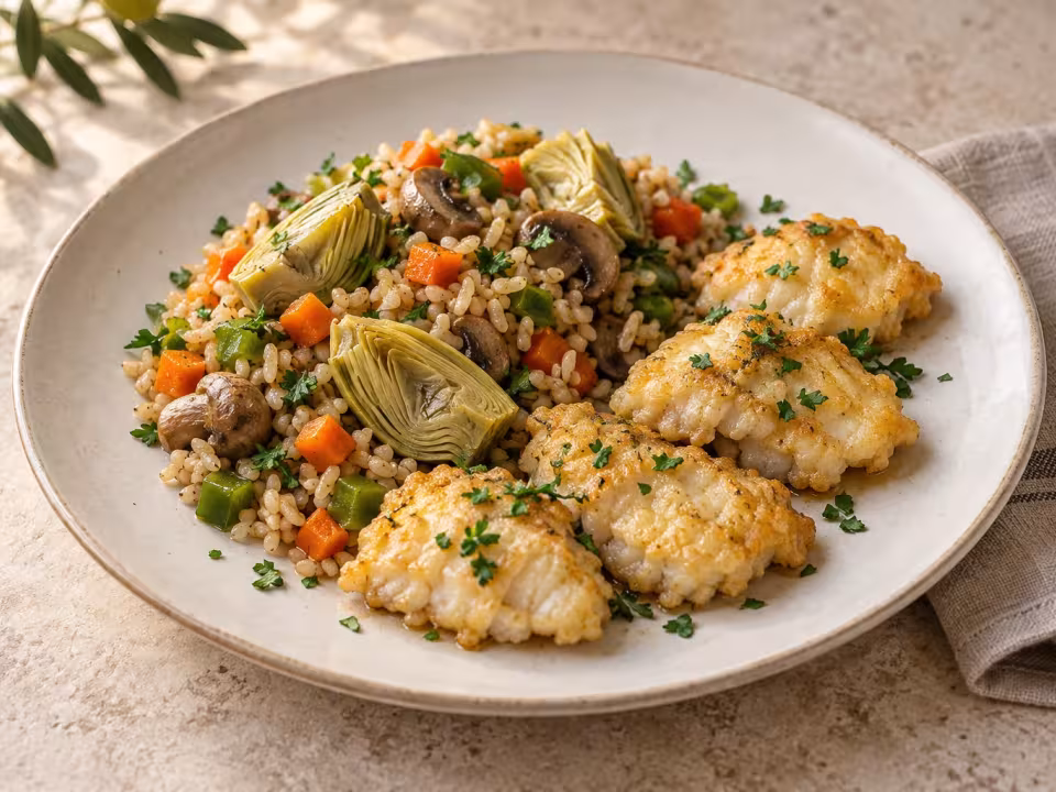 Brown rice with vegetables and egg-coated cod cheeks, finished dish