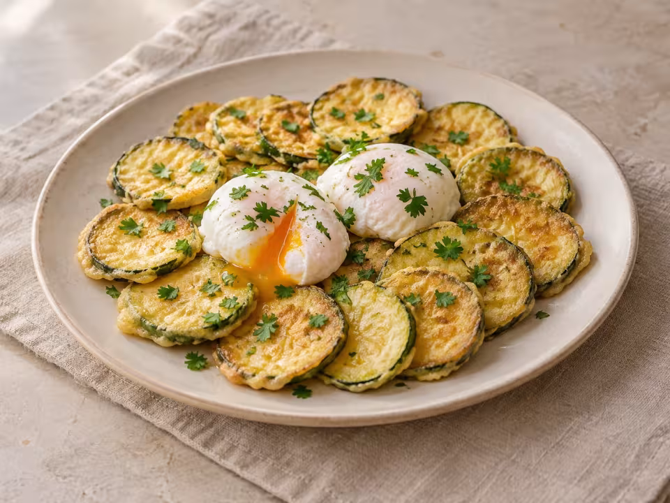 Battered courgette with poached eggs, finished dish