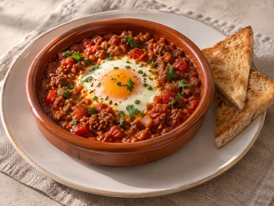 Baked-style eggs with minced meat and peppers, finished dish