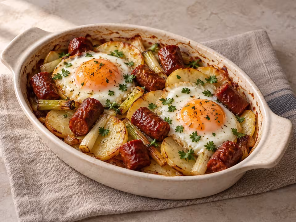Eggs with potatoes, young garlic and chistorra, finished dish