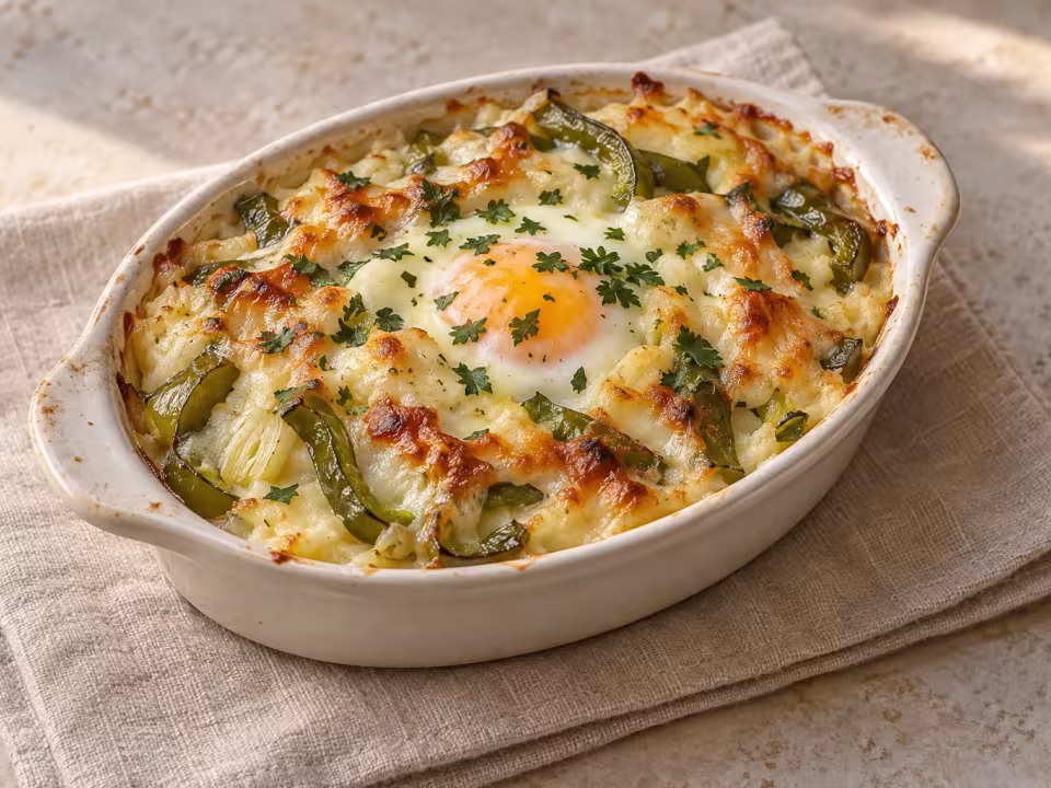 Eggs with potato mash, peppers and mozzarella gratin, finished dish