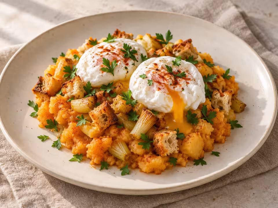 Poached eggs with paprika mash and young garlic, finished dish