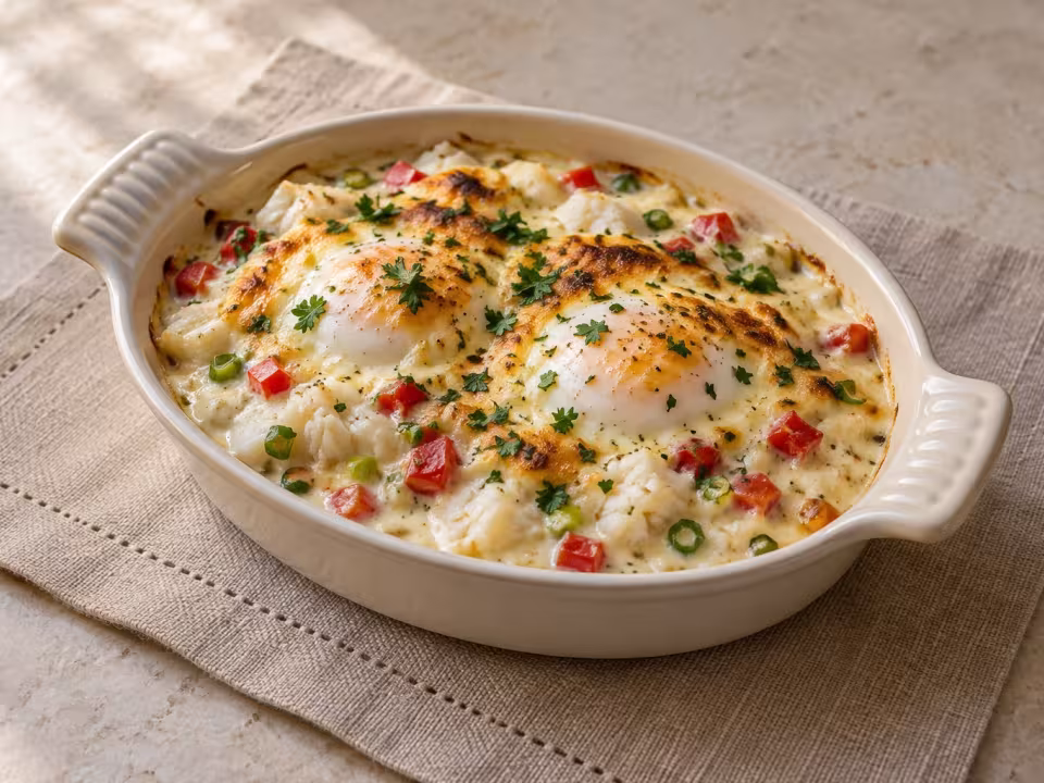 Eggs au gratin with cod and pepper b&eacute;chamel, finished dish