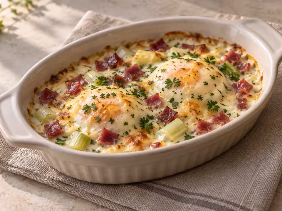 Eggs au gratin with ham and young garlic b&eacute;chamel, finished dish
