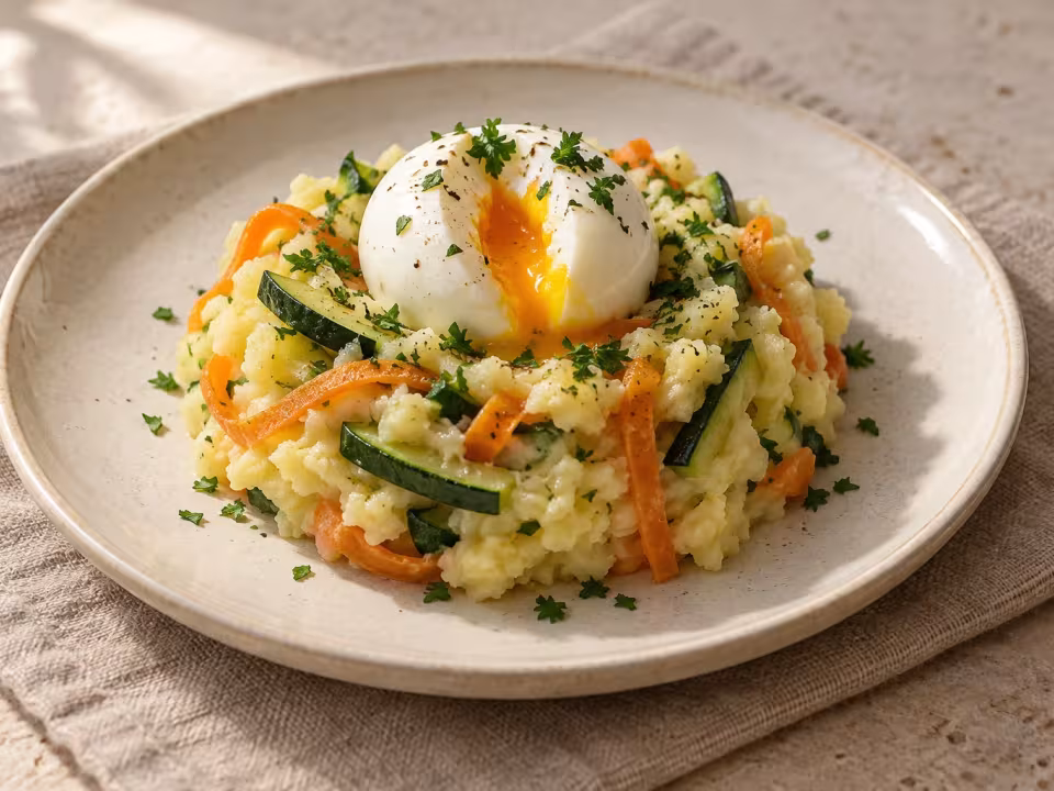 Soft-boiled eggs in potato, courgette and carrot nests, finished dish