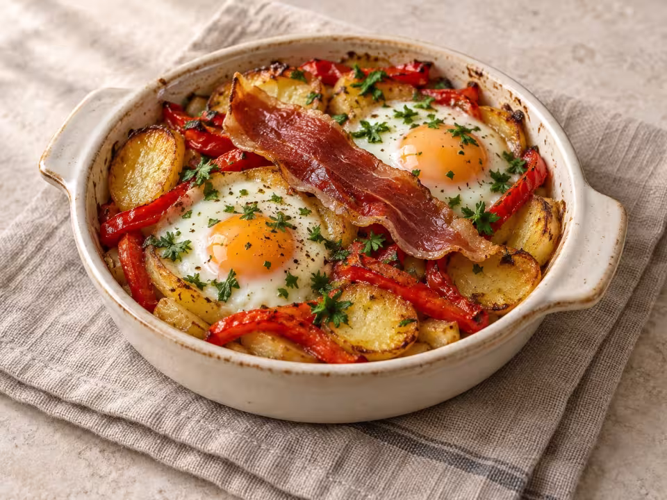 Patatas con pimientos, huevos al horno y jam&oacute;n crujiente, plato terminado