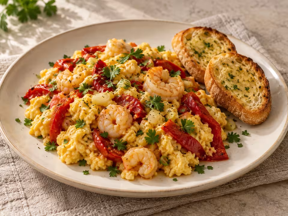 Roasted pepper and king prawn scrambled eggs, finished dish