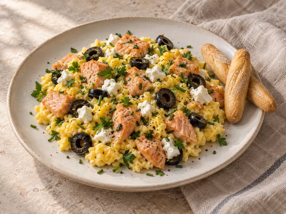 Salmon and goat&rsquo;s cheese scrambled eggs, finished dish