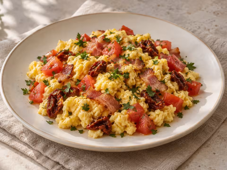 Tomato and bacon scrambled eggs, finished dish