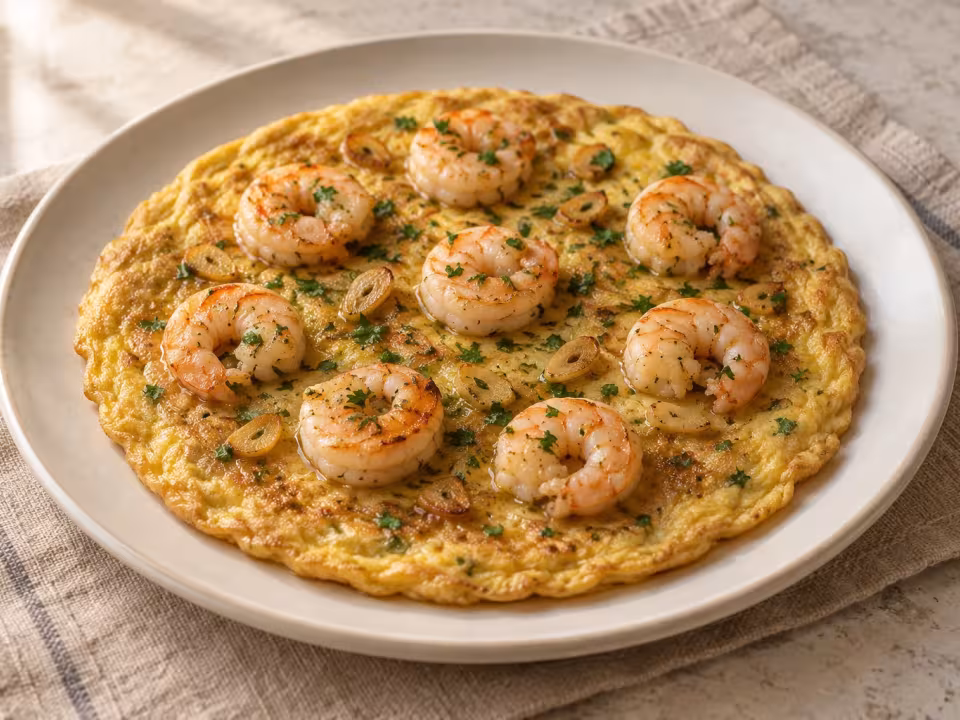 Tortillas abiertas de gambas al ajillo, plato terminado