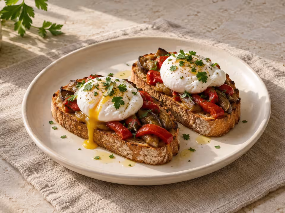 Poached egg toasts with roasted aubergine and peppers, finished dish