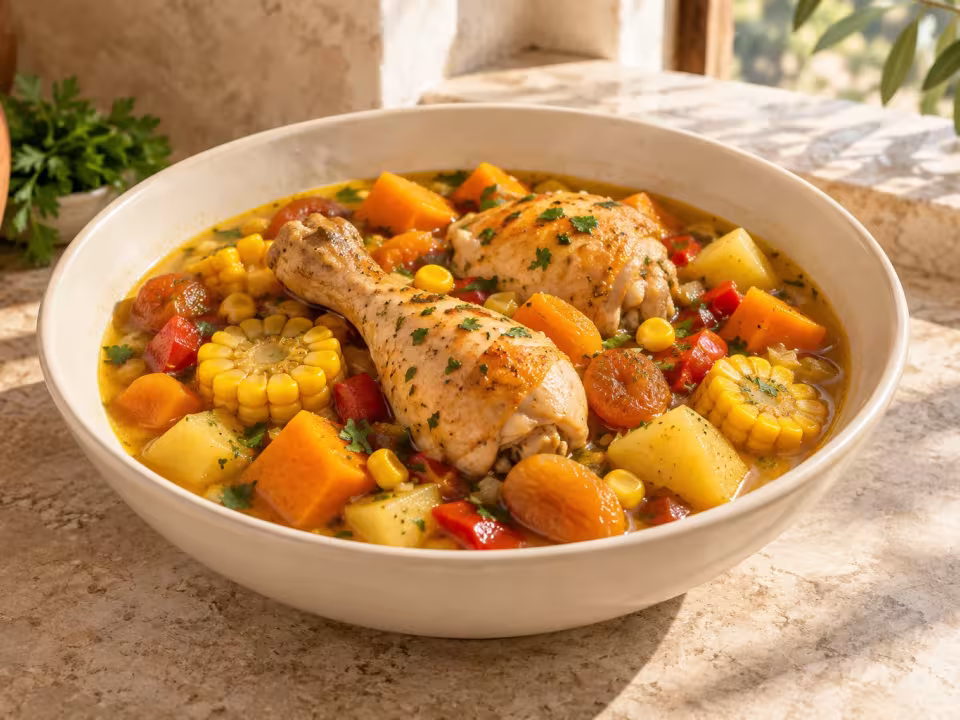 Chicken stew with pumpkin and sweetcorn, finished dish