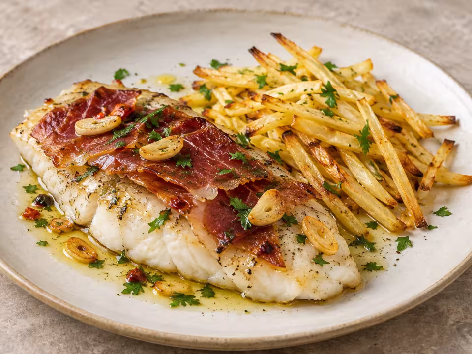 Baked sea bream with serrano ham and garlic dressing, finished dish