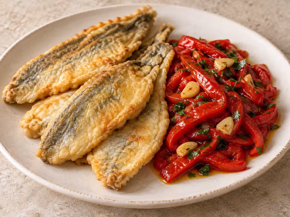 Faneca rebozada con pimientos rojos, plato terminado