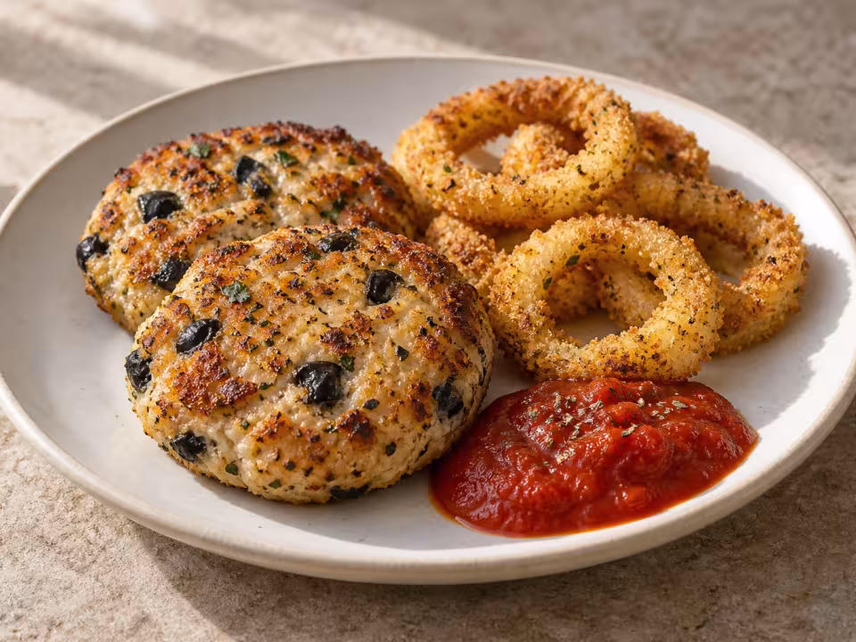 Chicken patties with oven-baked onion rings, finished dish