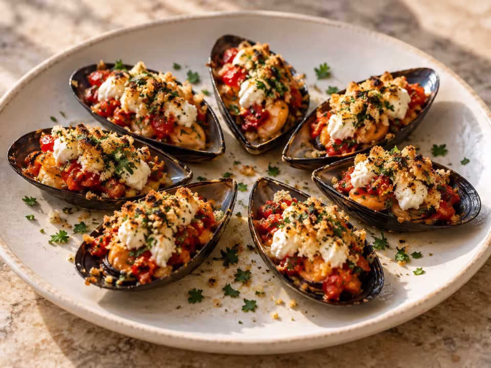 Mussels gratin&eacute; with peppers and goat&rsquo;s cheese, finished dish