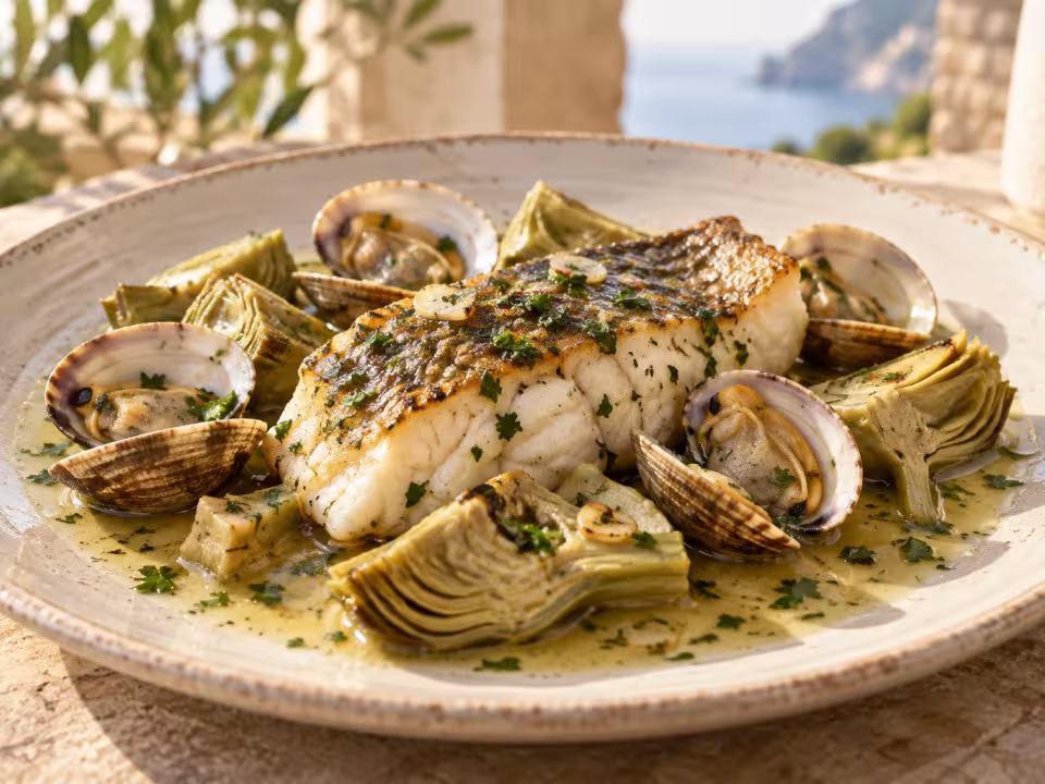 Hake with artichokes and clams, finished dish