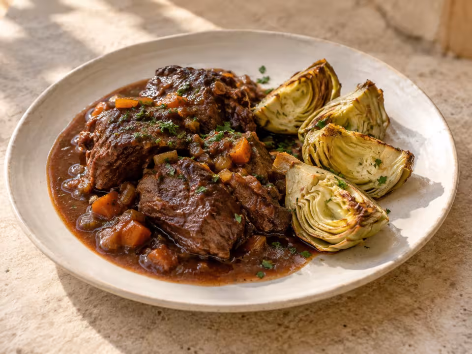 Red wine braised beef shin with roasted artichokes, finished dish