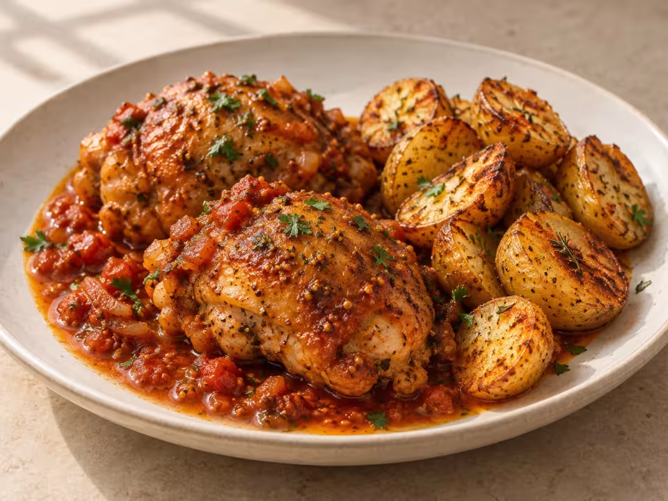 Pollo guisado al whisky con patatas especiadas, plato terminado