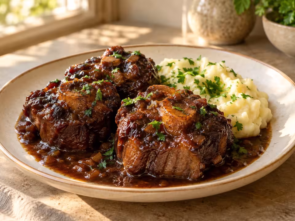 Rabo de ternera a la cerveza negra con pur&eacute;, plato terminado