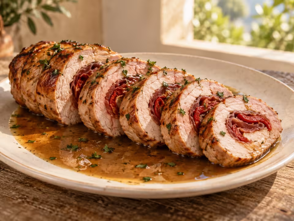Rollitos de cerdo con jam&oacute;n, piquillos y gravy, plato terminado