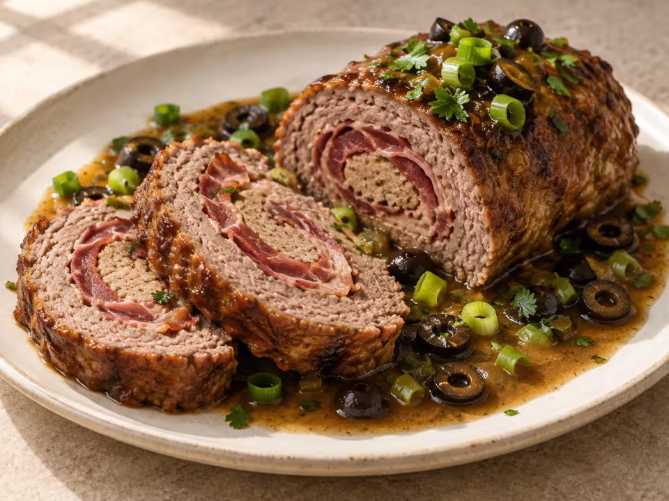 Rollo de carne con jam&oacute;n y salsa de aceitunas, plato terminado