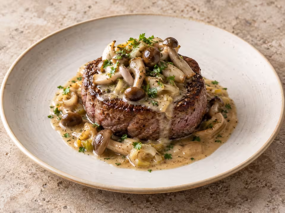 Beef fillet with shimeji mushrooms and port sauce, finished dish